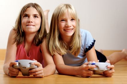 Two girls playing video games